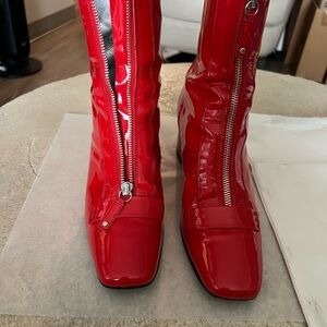 Glossy Red Patent Leather Zippered Heeled Boots Size 40